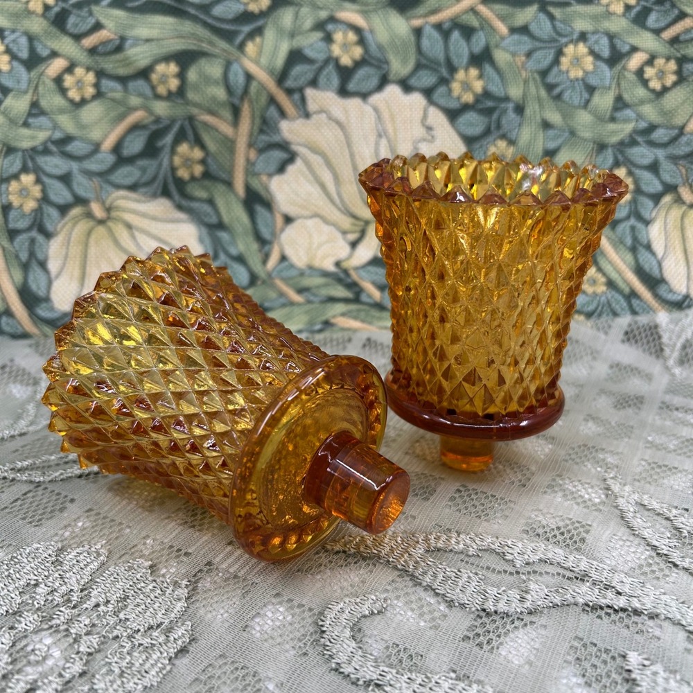 Vintage Amber Glass Diamond Point Indiana Candle Votive Inserts Cottagecore Boho